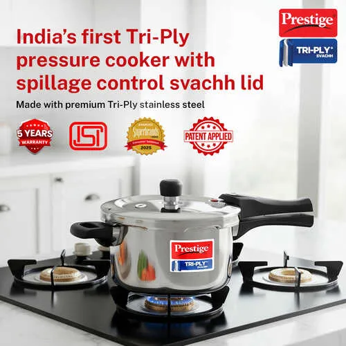  Prestige 3 Litre TRIPLY Svachh Outer Lid Pressure Cooker | Deep Lid for Spillage Control | Gas & Induction Compatible | Gasket Release System | Visual Pressure Indicator | 5Y Warranty | ISI - Alternate View